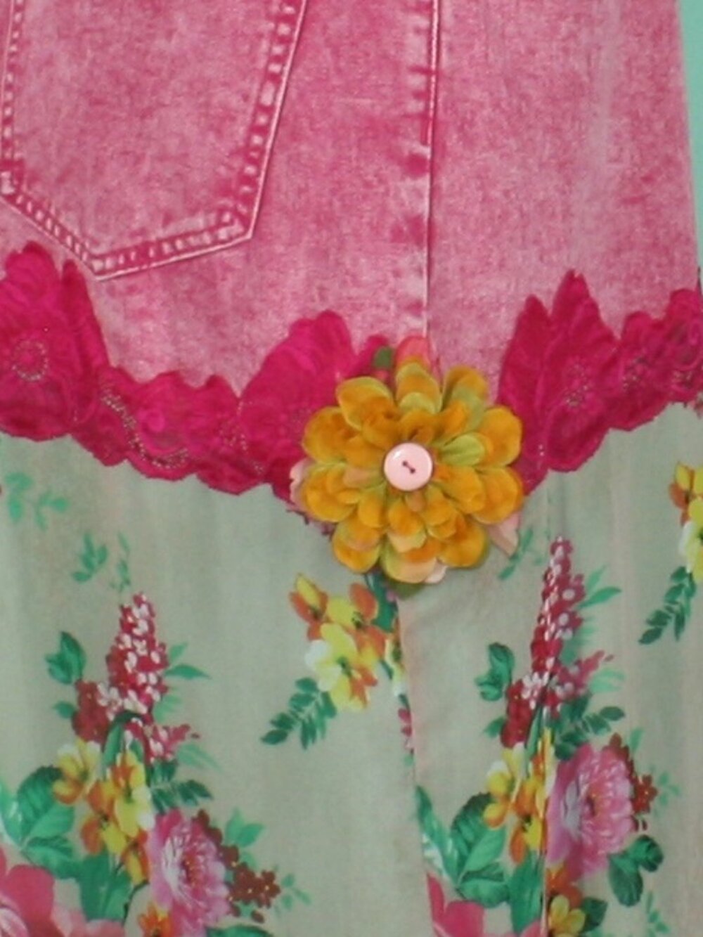 HAND CRAFTED Overalls Denim Jean Dress Upcycled Retro Boho Floral Pink Large - Picture 6 of 16